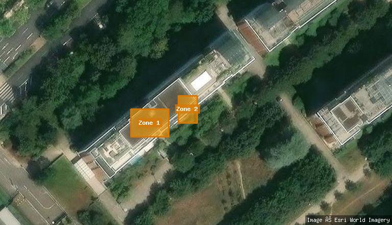 Vue satellite avec les zones de toiture Zone 1 et Zone 2 dessinées